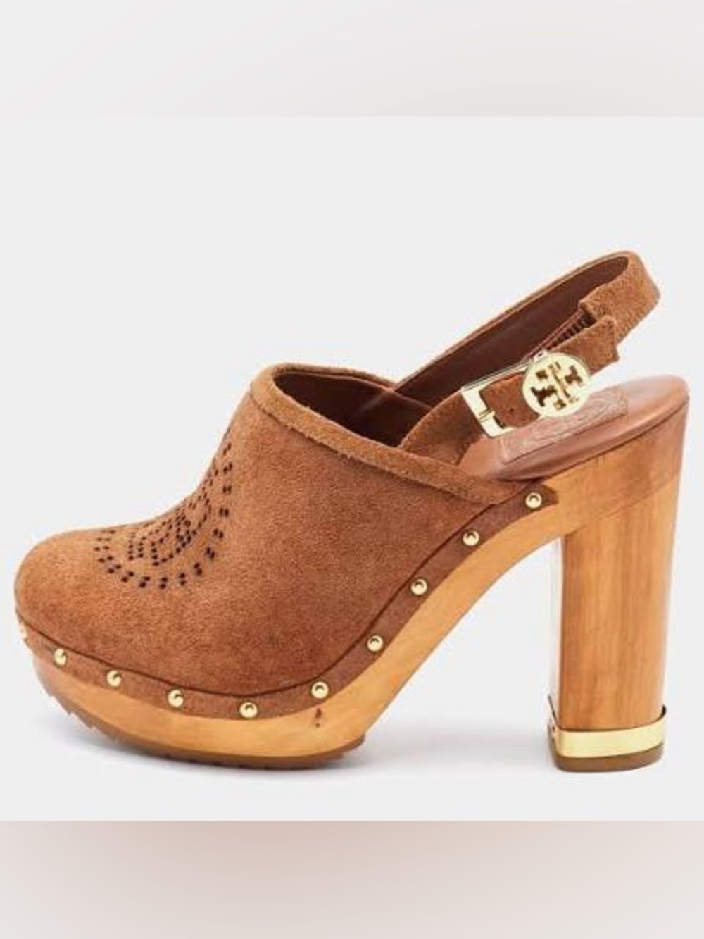 Tory Burch Brayden Brown Suede Logo Platform Clogs Slingback Size 6